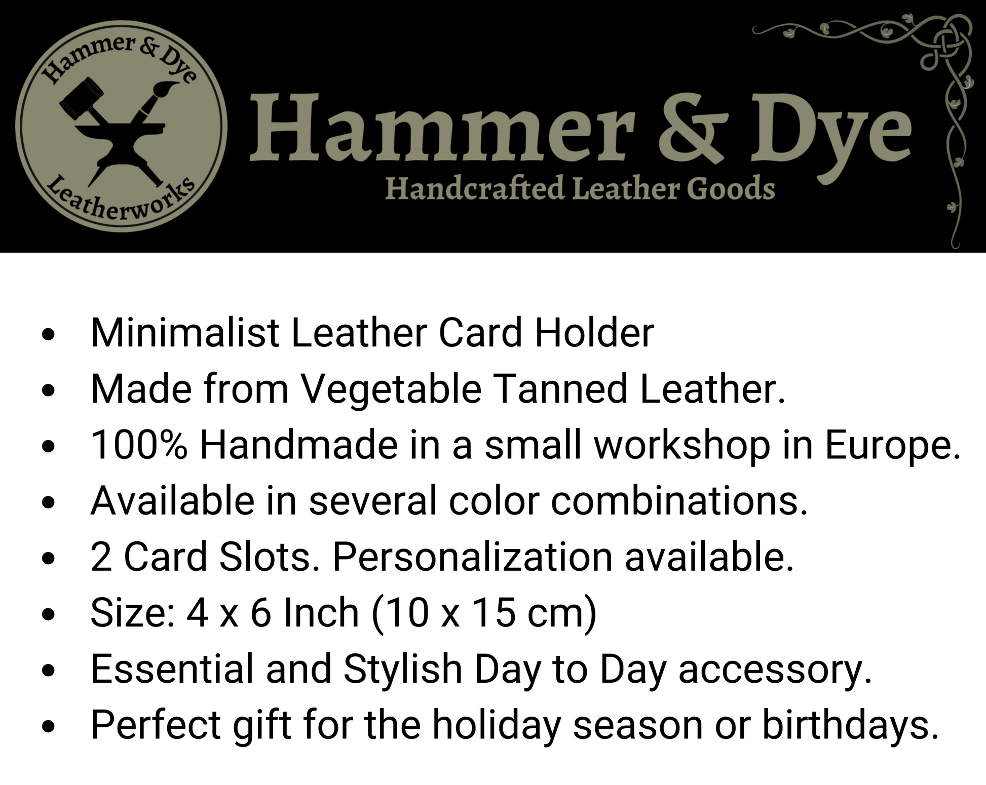 infographic about the Handmade Two-tone Bifold Leather Card Wallet in Black and Brown with brown stitching