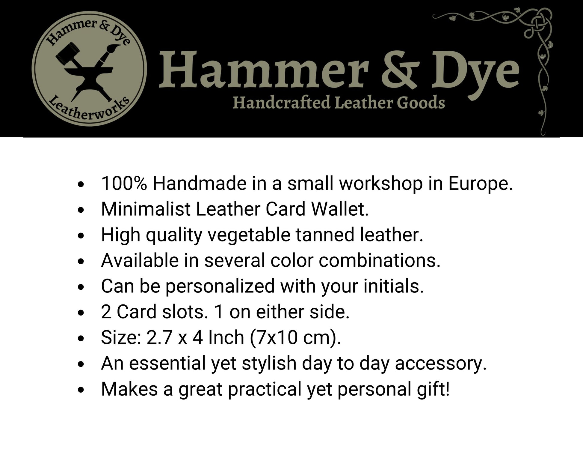infographic with details about the handmade leather card holder