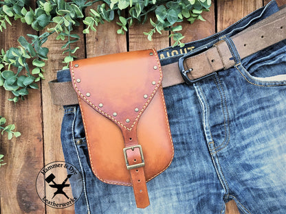 Large Handmade Leather Belt Pouch with studs on a belt