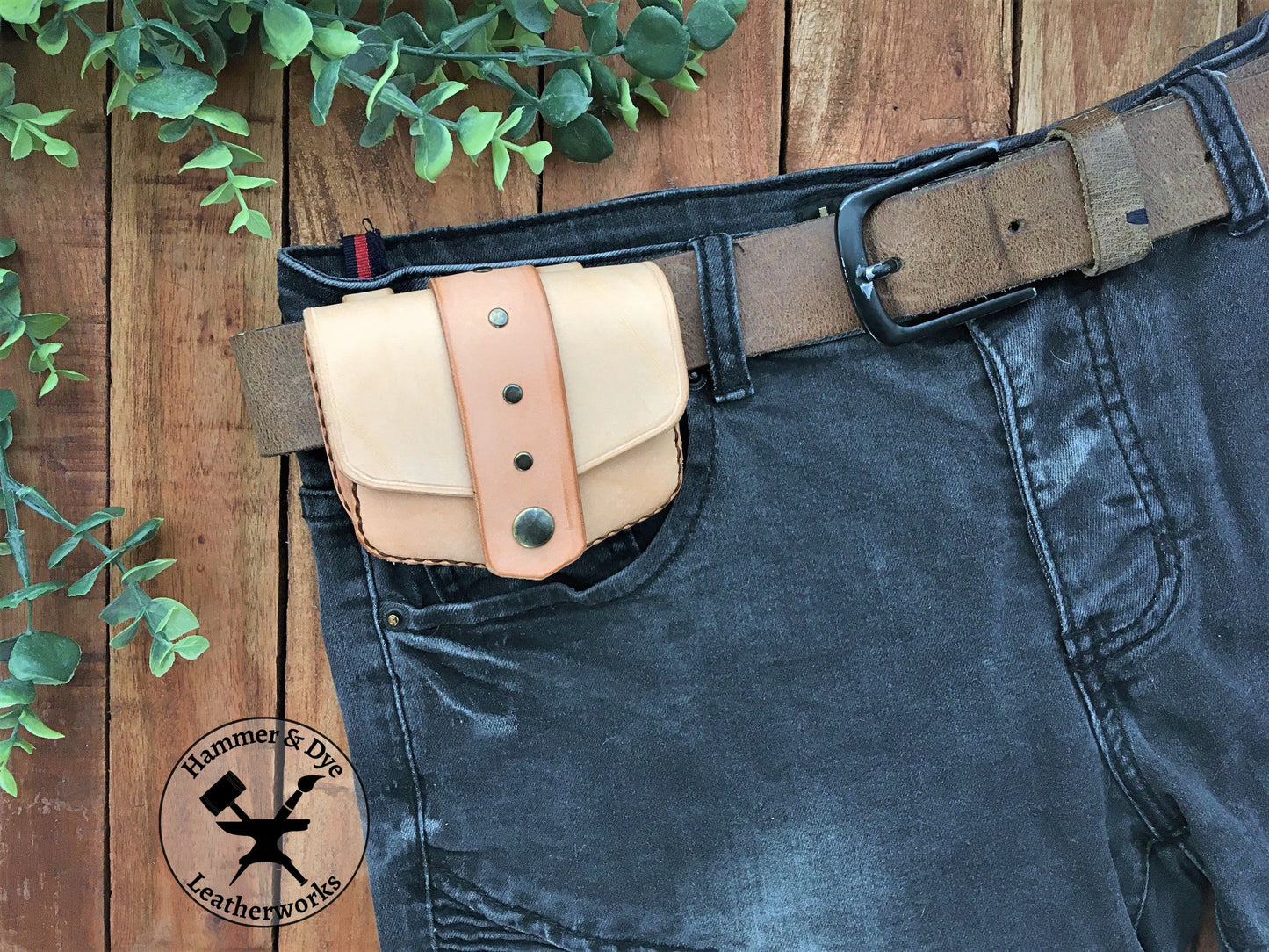 Handmade Undyed Mini Leather Belt Pouch for credit cards on a belt