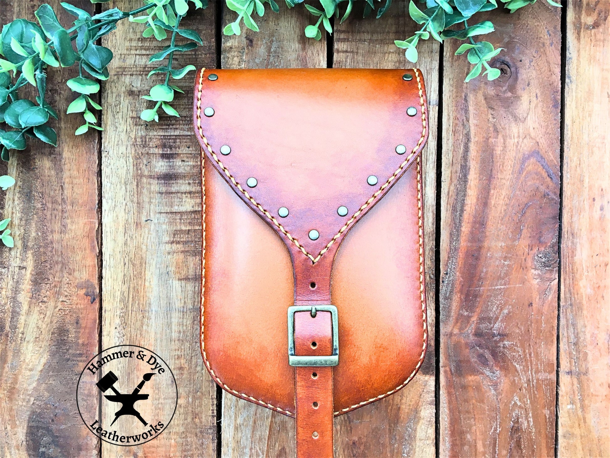 Large Handmade Leather Belt Pouch with studs