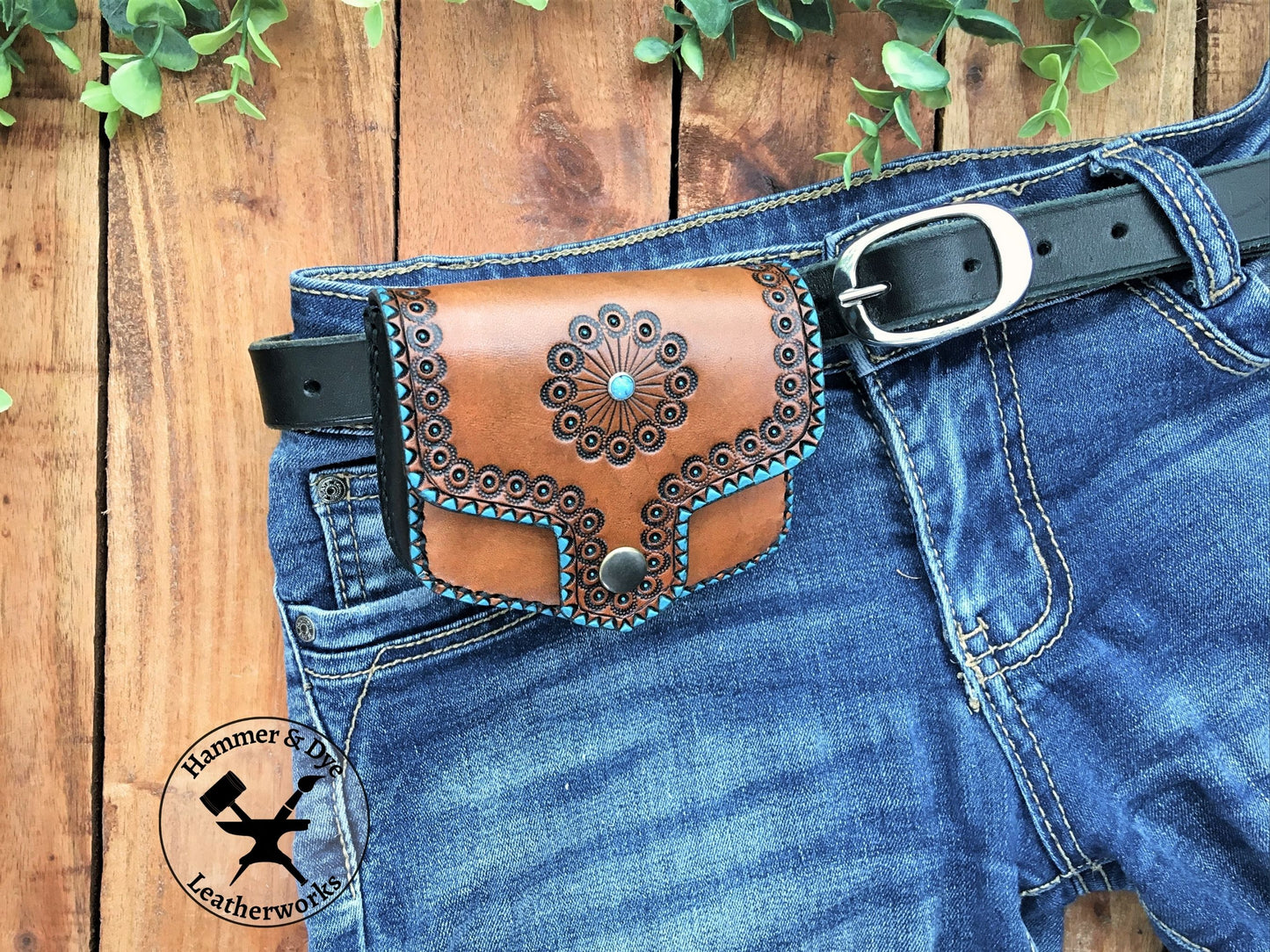 Bohemian Style handmade Mini Leather Hip Bag with Turquoise details on a belt