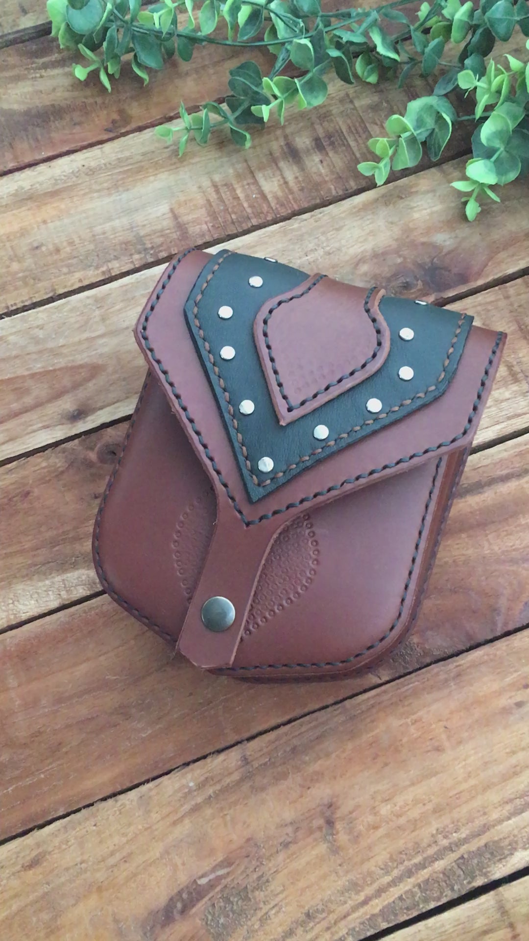 Video showing the Handmade Two-tone Studded Leather Belt Bag in Brown and Black