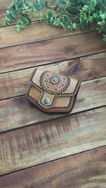 Video showing a Handmade Boho Style Mini Leather Hip Bag with Turquoise detailing