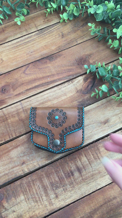Video showing a Bohemian Style handmade Mini Leather Hip Bag with Turquoise details