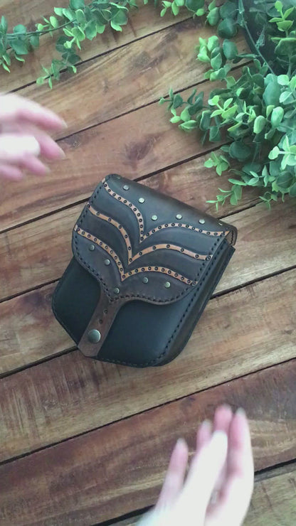 Video Showing a Handmade 2-tone Leather Belt Pouch with Carved wave Pattern and Studs 
