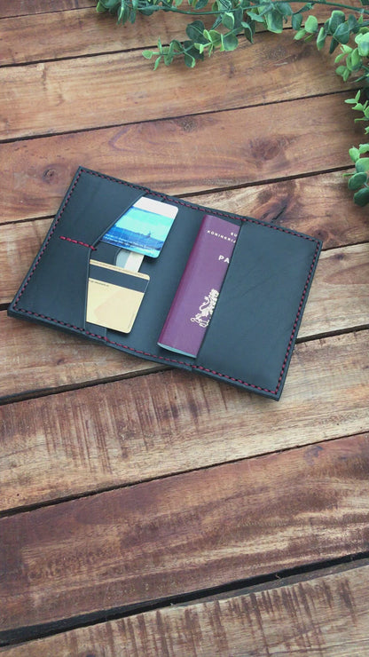Video showing a Handmade Black Leather Passport Cover
