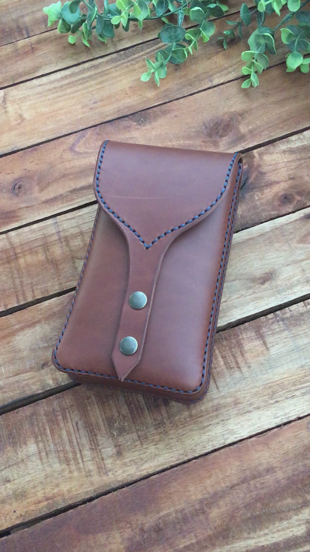 Video Showing a Handmade Brown Leather Festival Belt Pouch with Blue Stitching