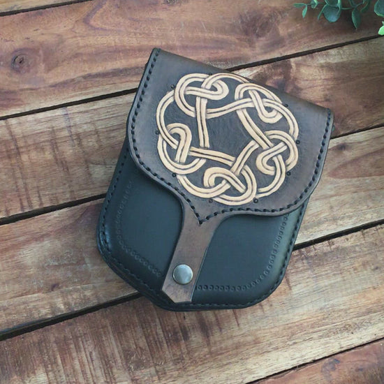 Video Showing a Handmade 2-tone Leather Belt Pouch with Circular Celtic Knotwork Carving 