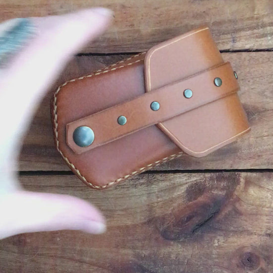 Video Showing a Handmade Cognac Color Mini Leather Belt Pouch for credit cards