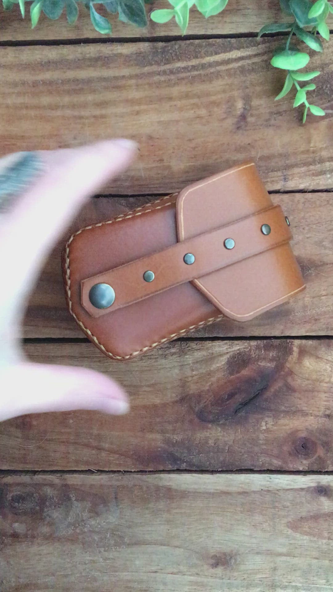 Video Showing a Handmade Cognac Color Mini Leather Belt Pouch for credit cards