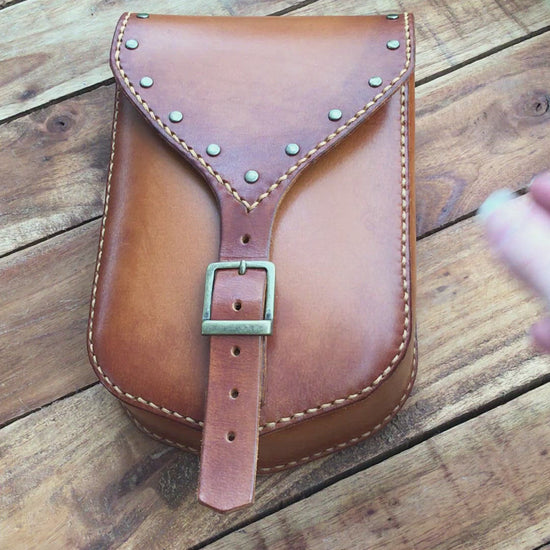 video showing Large Handmade Leather Belt Pouch with studs