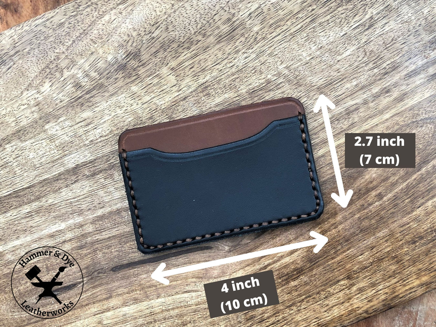 Minimalist Leather Card Wallet in Black and Brown with Sizing Guide