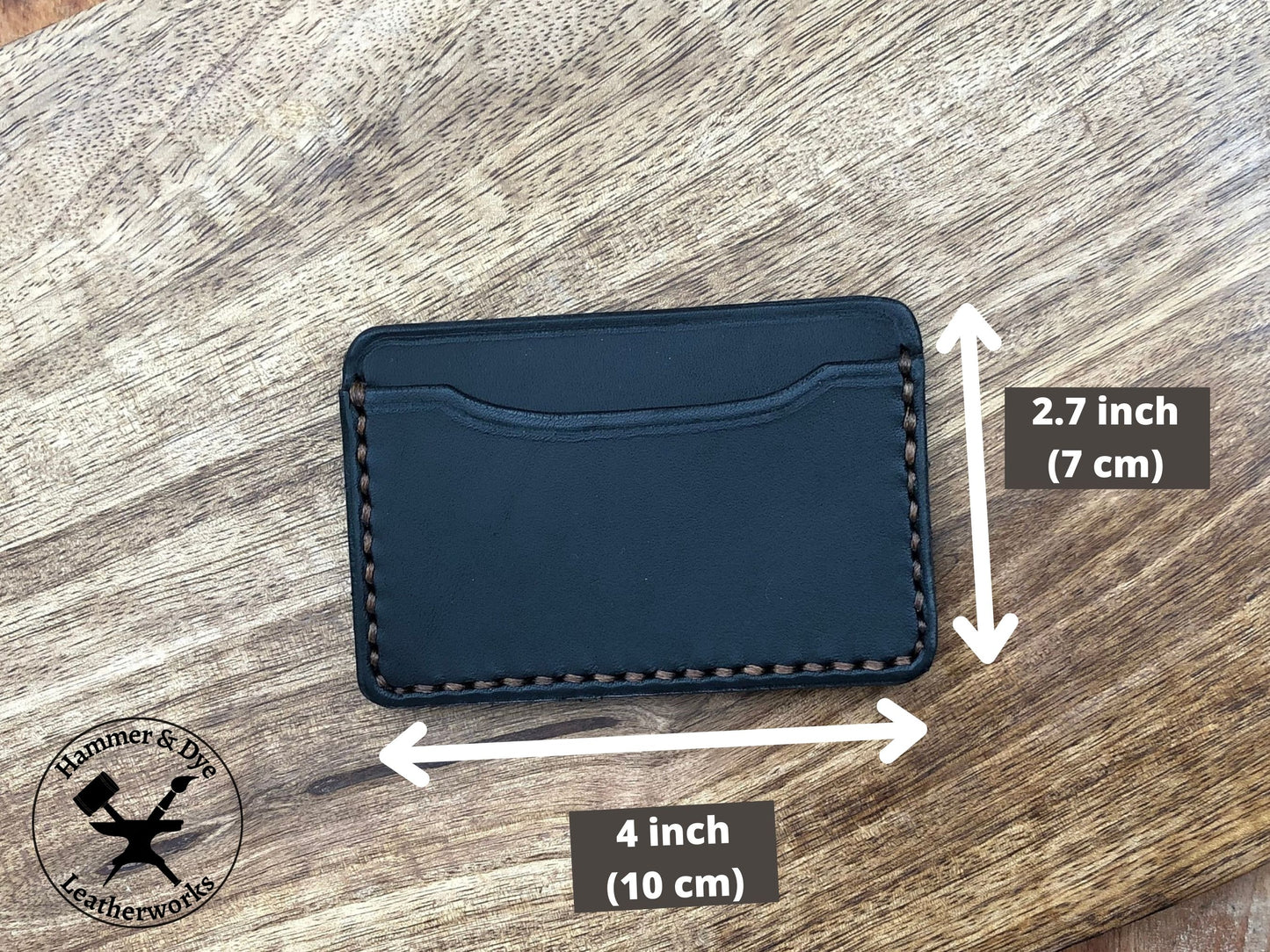 Handmade Minimalist Black Leather Card Wallet with sizing