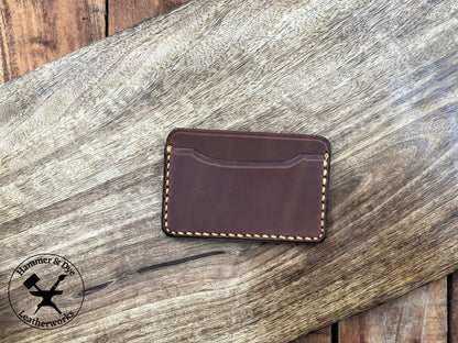 Handmade Minimalist Brown Leather Card Wallet with Hazel Stitching Empty