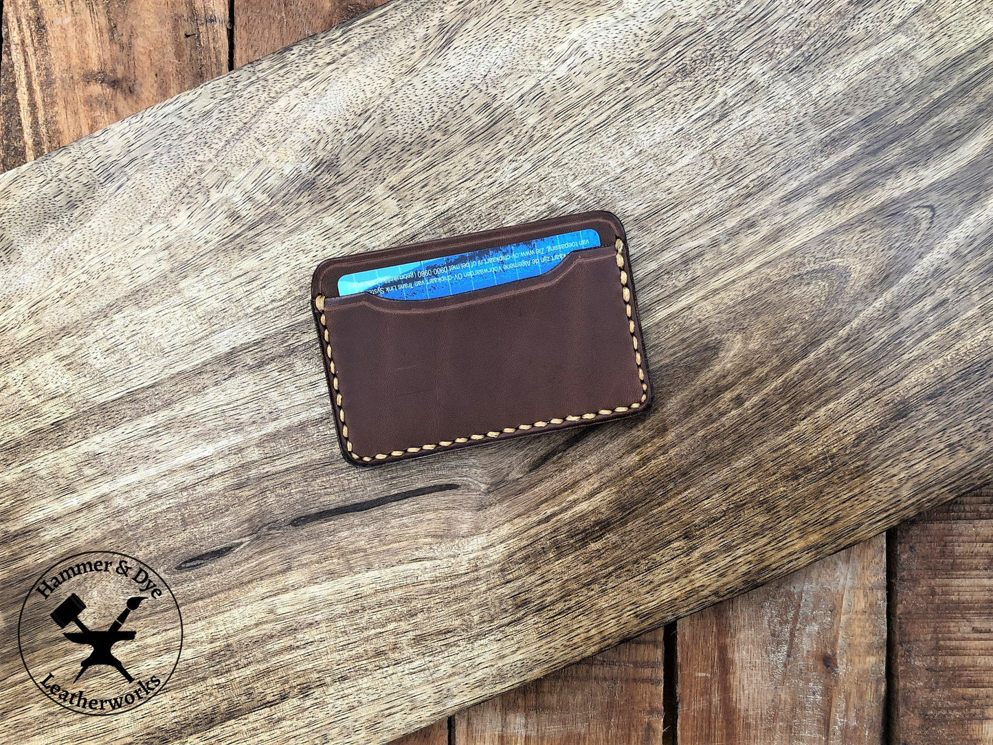 Handmade Minimalist Brown Leather Card Wallet with Hazel Stitching