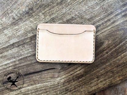 Handmade Minimalist Natural Leather Card Wallet with Hazel Stitching close up