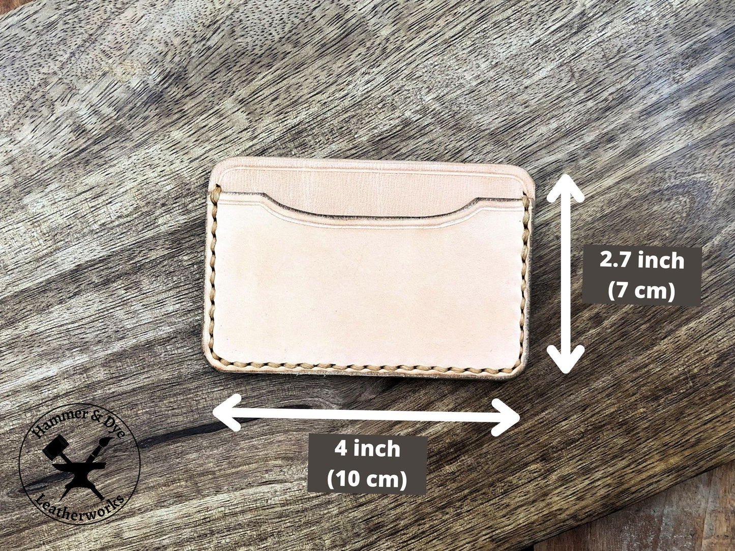 Handmade Minimalist Natural Leather Card Wallet with Hazel Stitching with Sizing