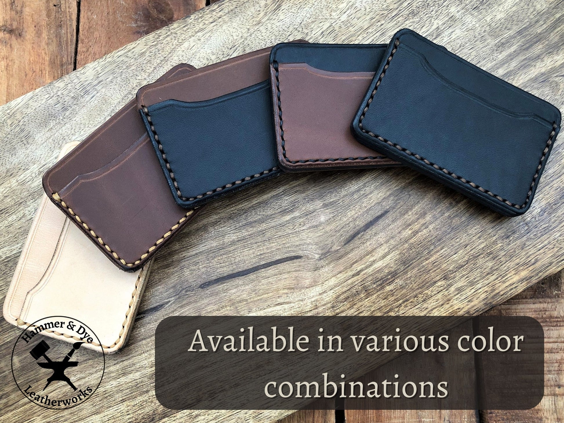 5 different handmade card wallets in the available color combinations