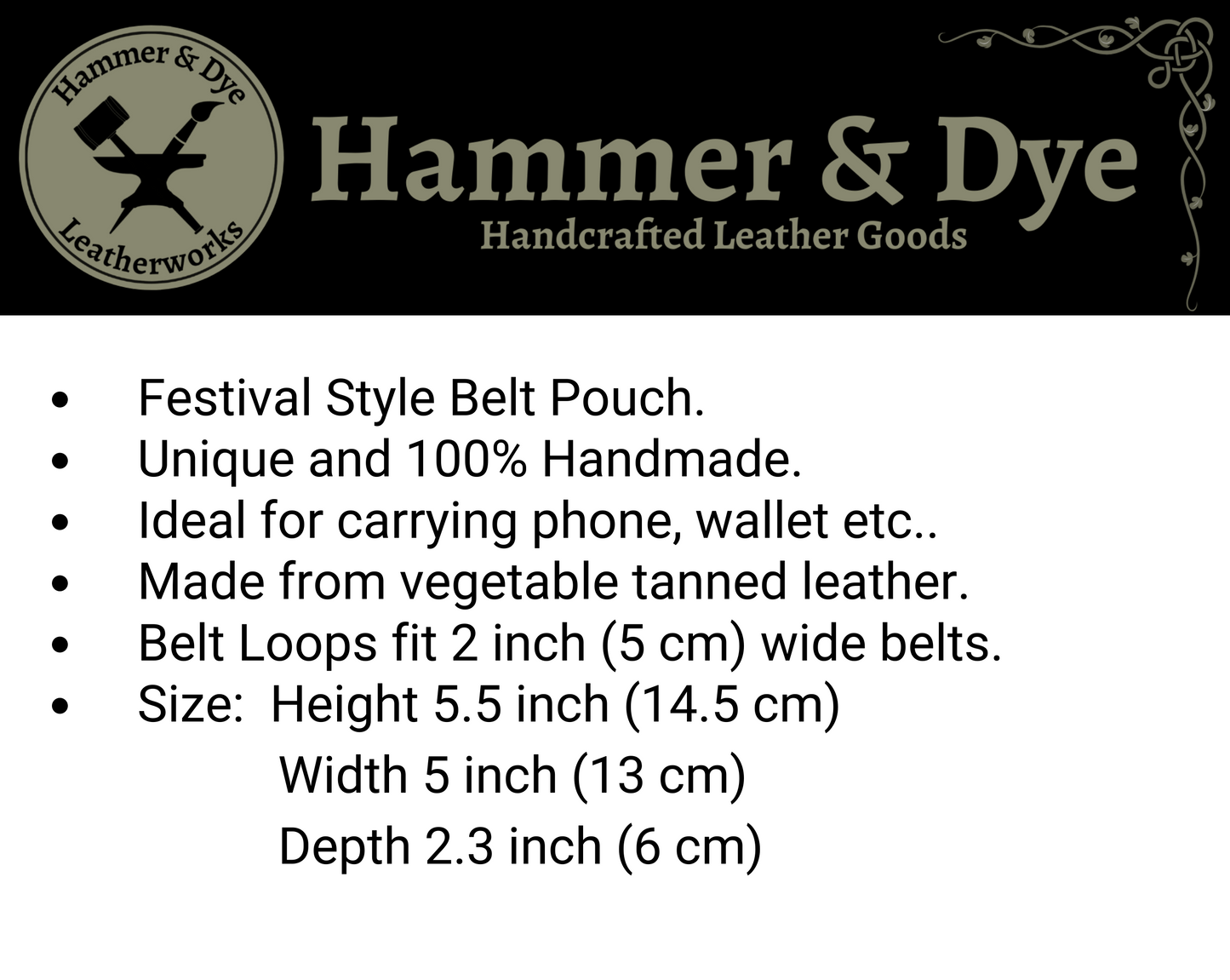 Infographic about the Handmade Two-tone Studded Leather Belt Bag in Brown and Black