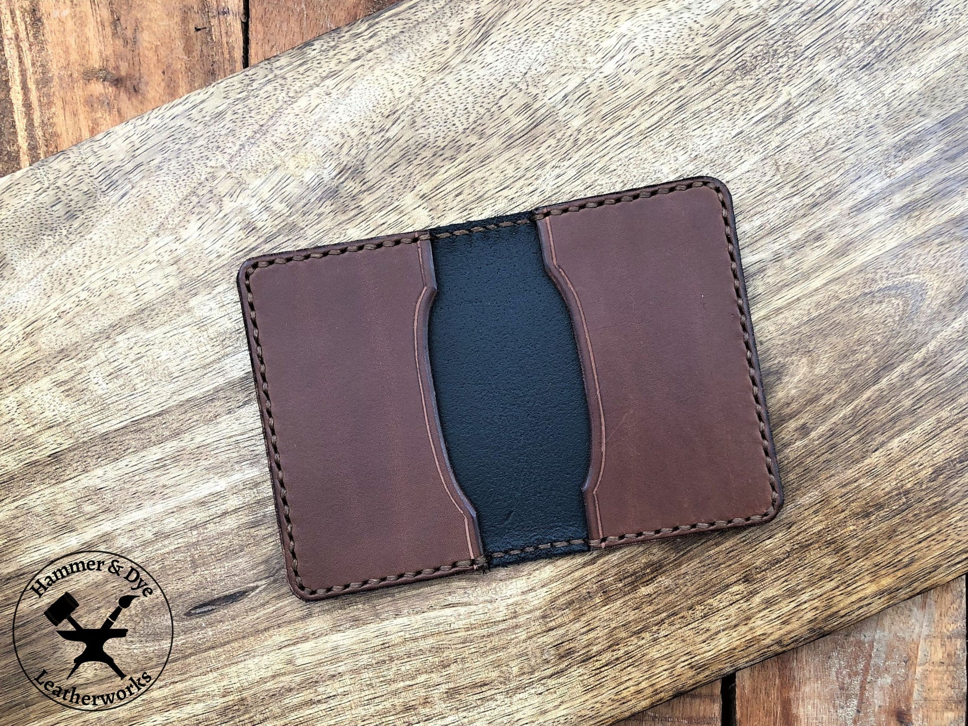 Handmade Two-tone Bifold Leather Card Wallet in Black and Brown with brown stitching empty