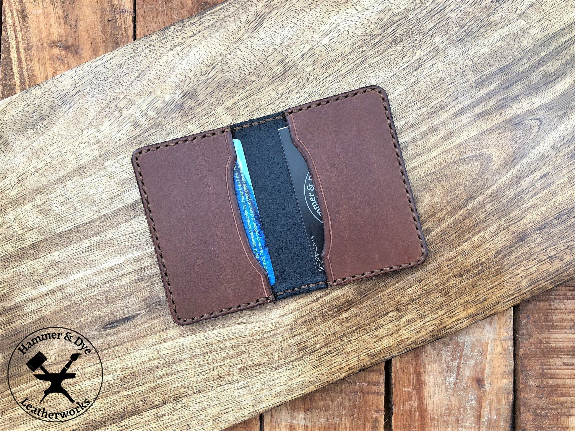 Handmade Two-tone Bifold Leather Card Wallet in Black and Brown with brown stitching