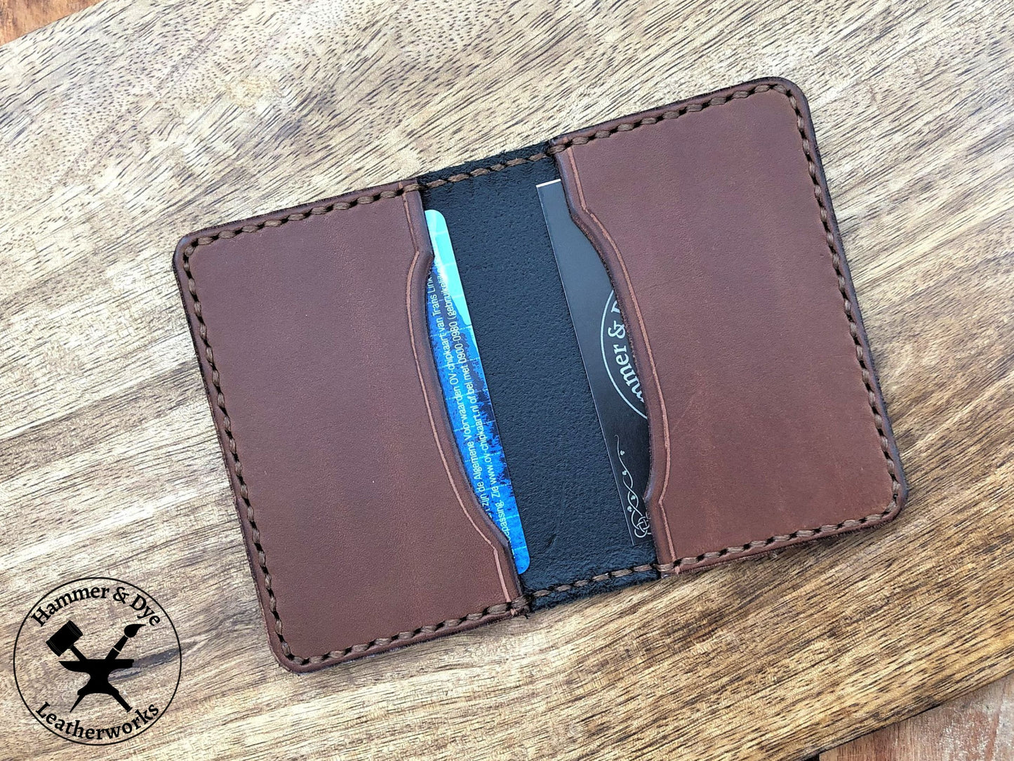 Handmade Two-tone Bifold Leather Card Wallet in Black and Brown with brown stitching with cards