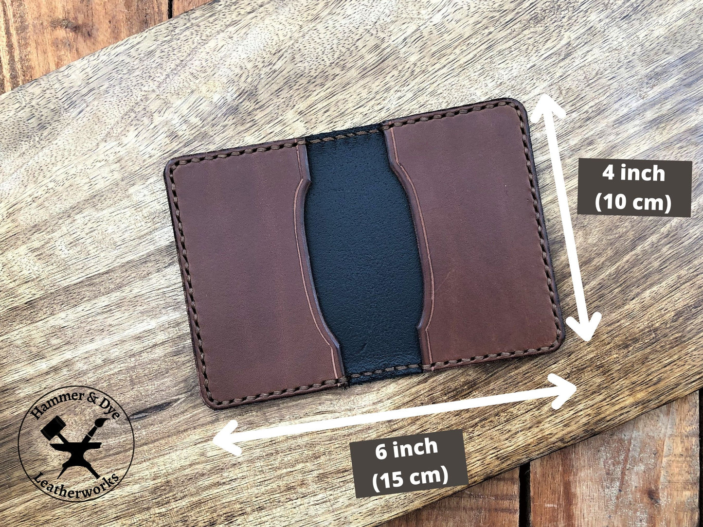 Handmade Two-tone Bifold Leather Card Wallet in Black and Brown with brown stitching with sizing guide
