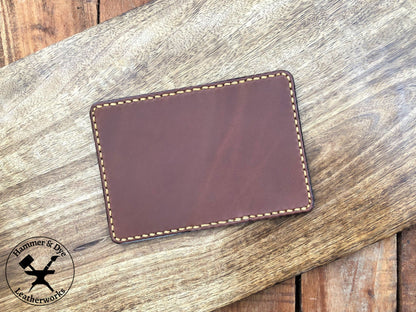 Handmade Two-tone Bifold Leather Card Wallet in Brown and Black with Hazel Stitching outside view