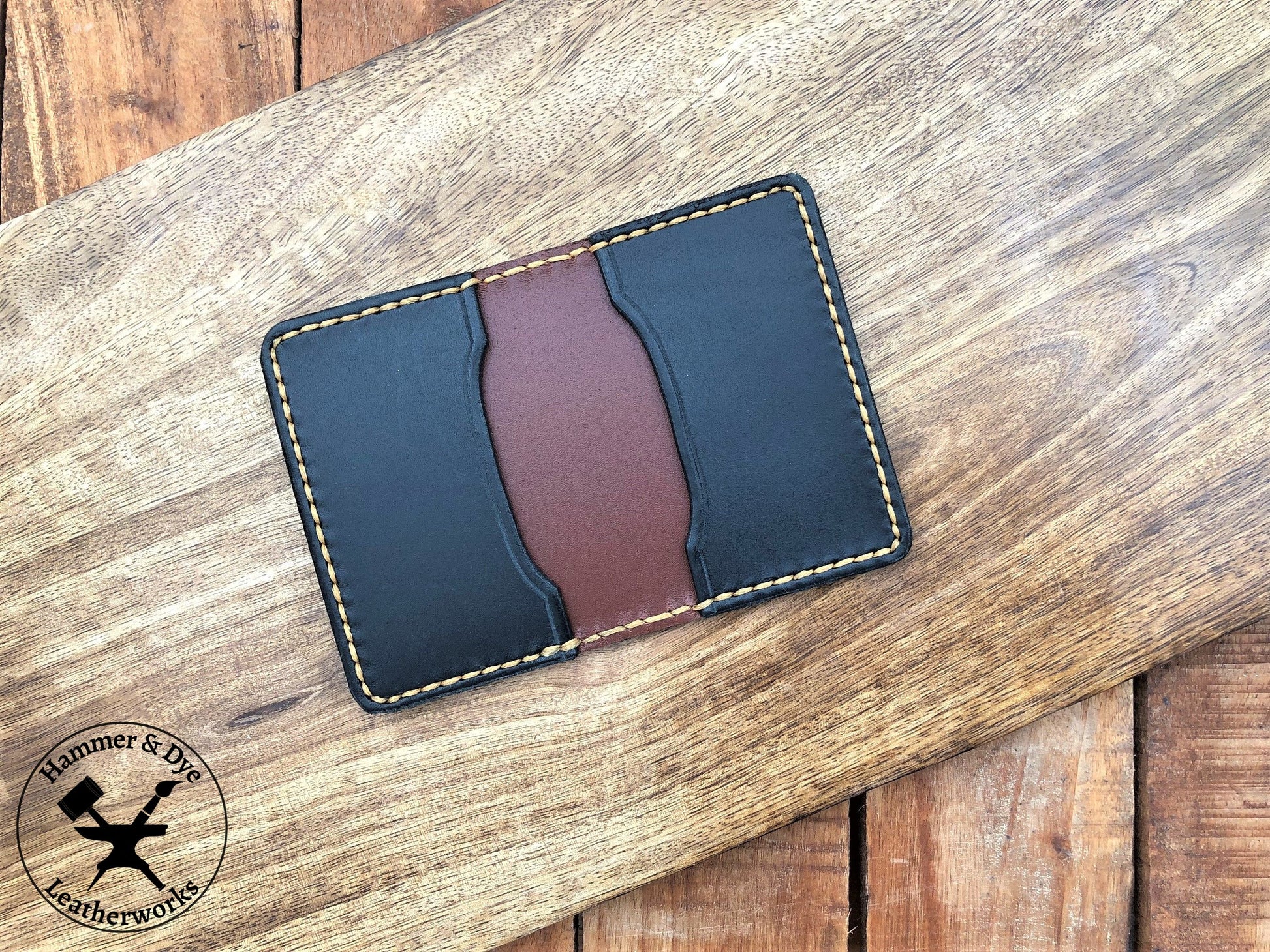 Handmade Two-tone Bifold Leather Card Wallet in Brown and Black with Hazel Stitching