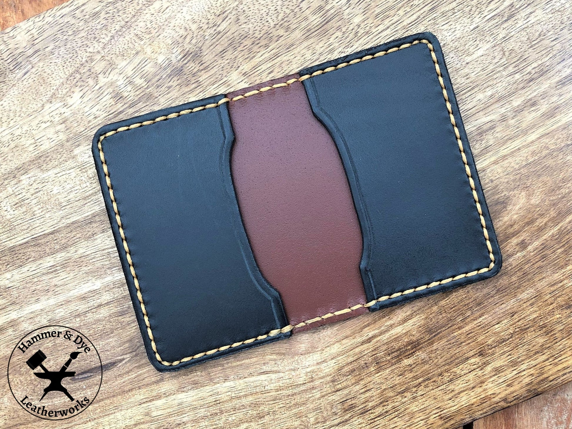 Handmade Two-tone Bifold Leather Card Wallet in Brown and Black with Hazel Stitching inside view