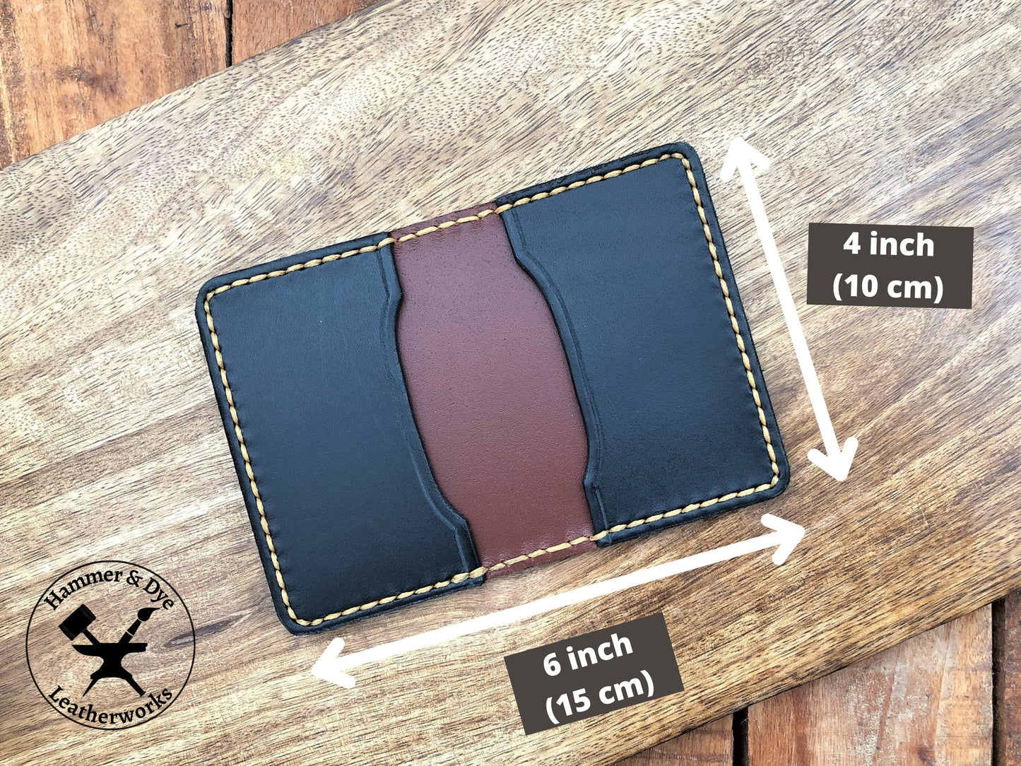 Handmade Two-tone Bifold Leather Card Wallet in Brown and Black with Hazel Stitching with sizing guide