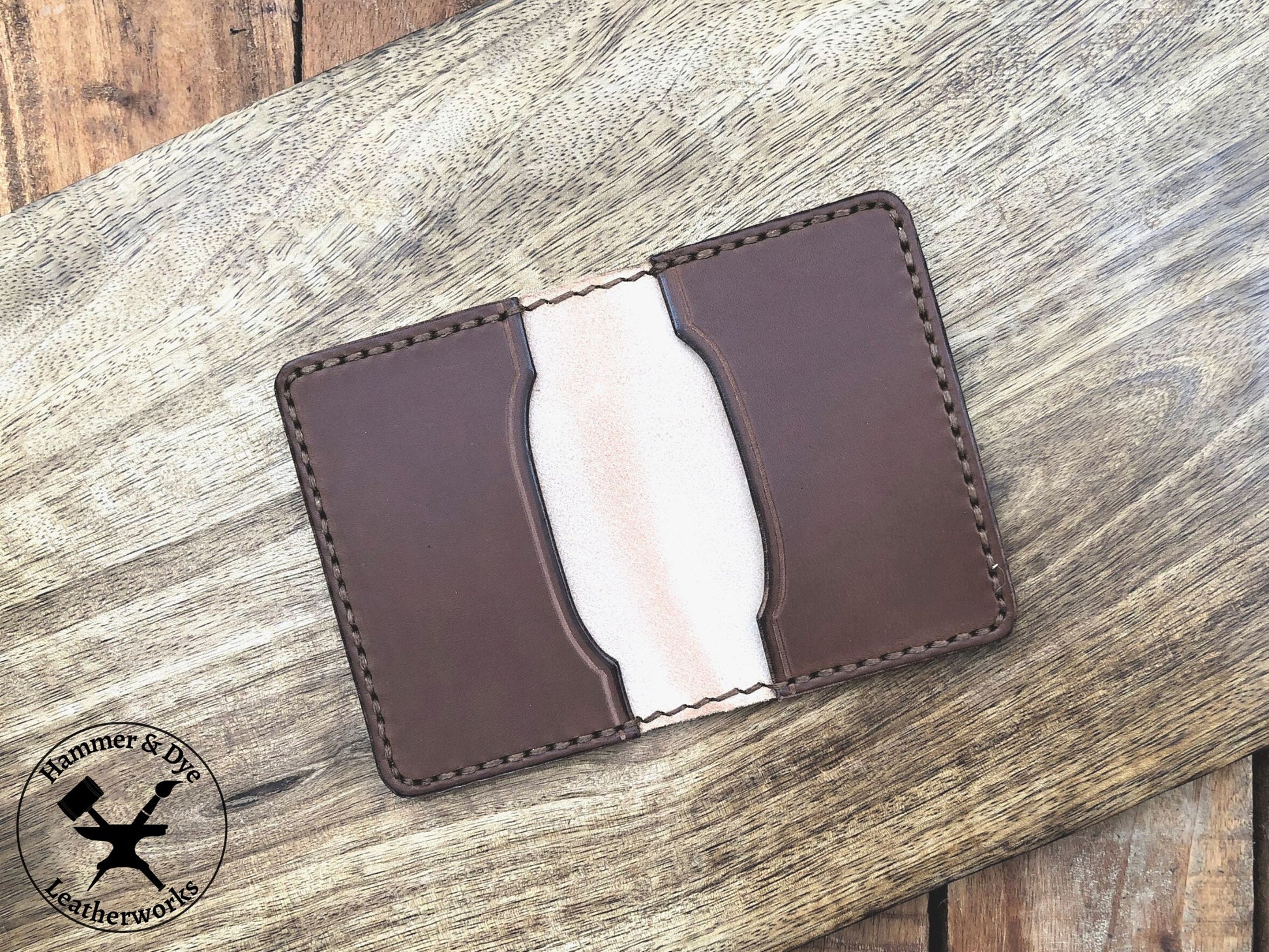 Handmade Two-tone Bifold Leather Card Wallet in Natural and brown color with brown stitching empty