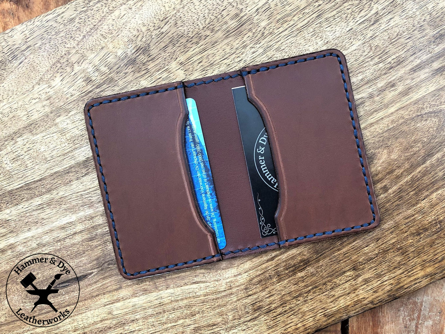 Handmade Brown Bifold Leather Card Wallet with cards inside