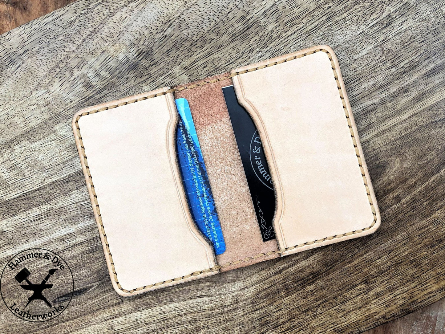 Handmade Natural Bifold Leather Card Wallet close up