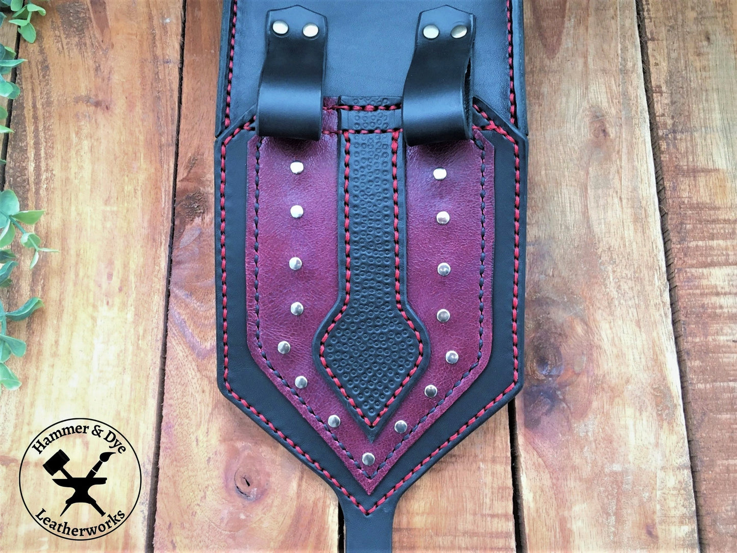 Handmade Two-tone Studded Leather Belt Bag in Black and Purple Flap Detail