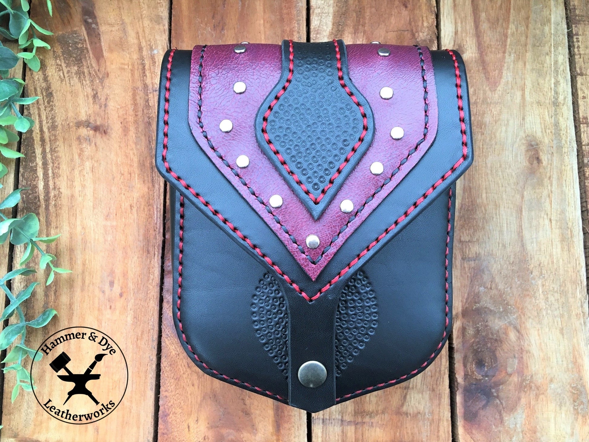 Handmade Two-tone Studded Leather Belt Bag in Black and Purple Front Close Up