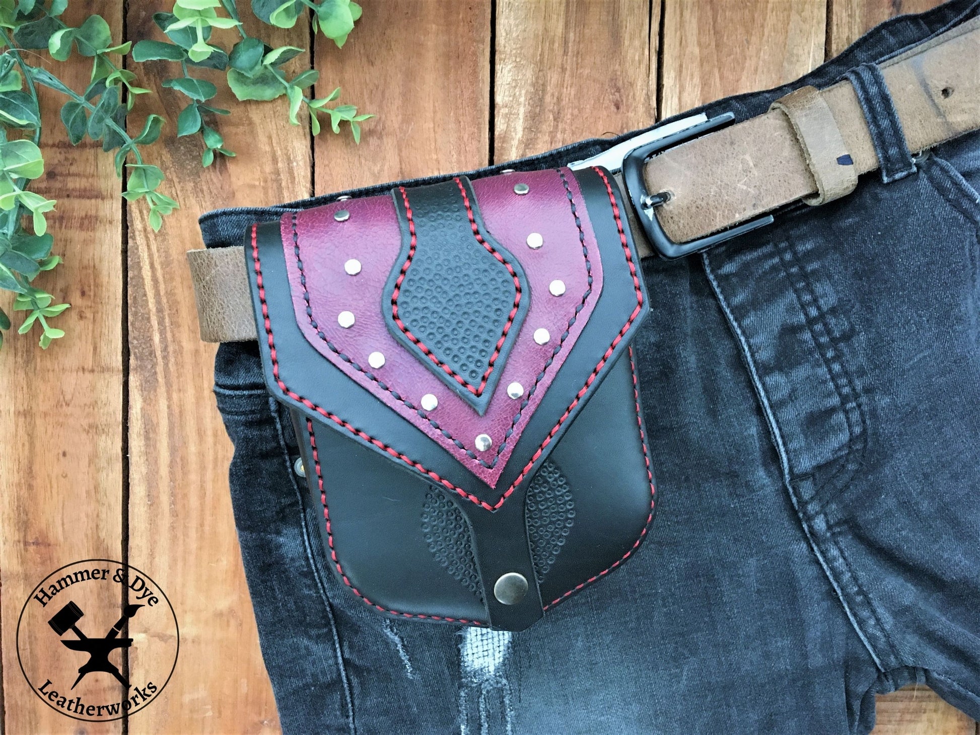 Handmade Two-tone Studded Leather Belt Bag in Black and Purple on a trouser Belt