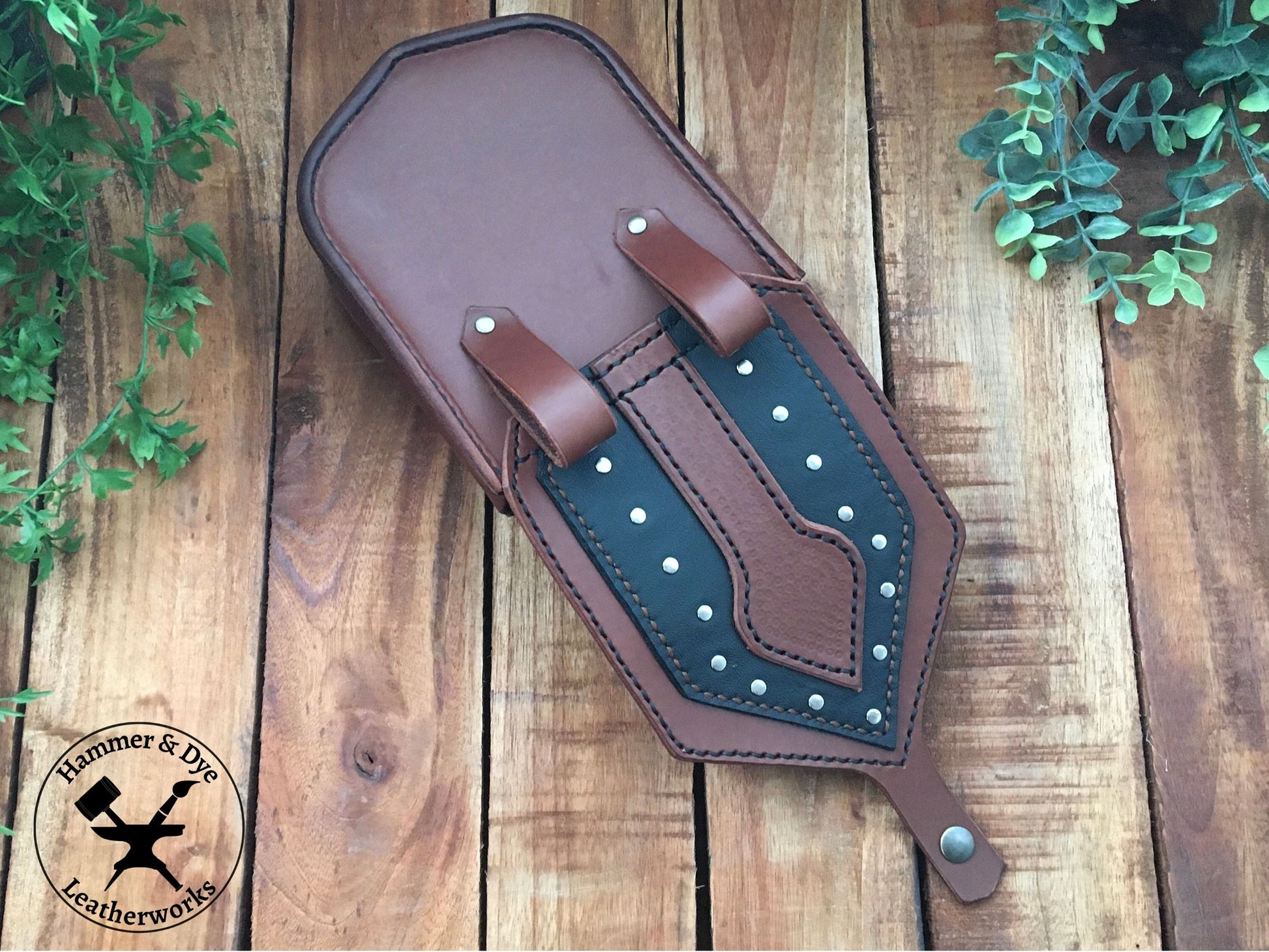 Handmade Two-tone Studded Leather Belt Bag in Brown and Black Open