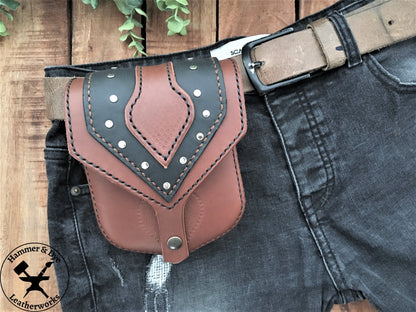 Handmade Two-tone Studded Leather Belt Bag in Brown and Black on a trouser belt