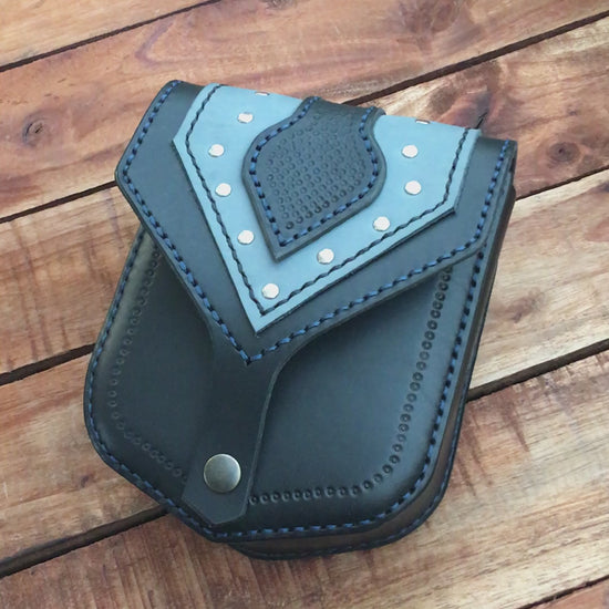 Video showing the Handmade Two-tone Studded Leather Belt Bag in Black and Blue