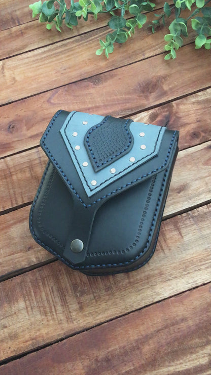 Video showing the Handmade Two-tone Studded Leather Belt Bag in Black and Blue