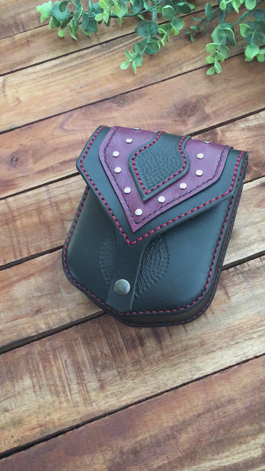 Video Showing the Handmade Two-tone Studded Leather Belt Bag in Black and Purple