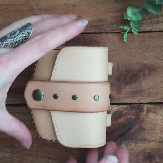 Video showing a Handmade Undyed Mini Leather Belt Pouch for credit cards