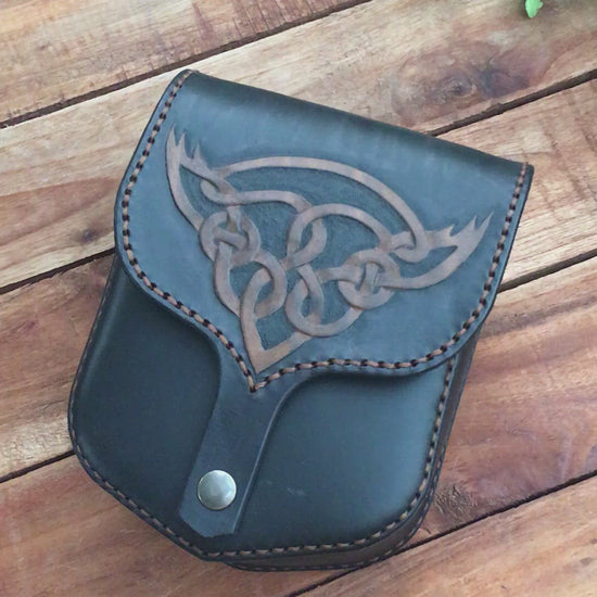 Video Showing a Handmade Black Leather Belt Pouch with Hand Carved Celtic Knotwork Design