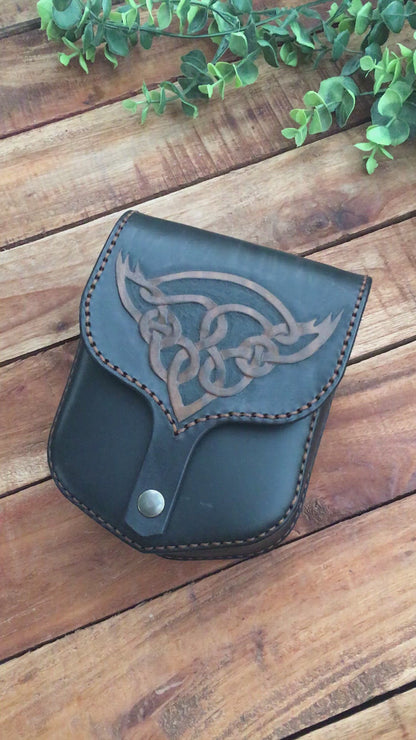 Video Showing a Handmade Black Leather Belt Pouch with Hand Carved Celtic Knotwork Design