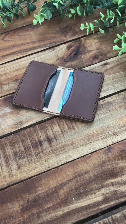 video showing the Handmade Two-tone Bifold Leather Card Wallet in Natural and brown color with brown stitching
