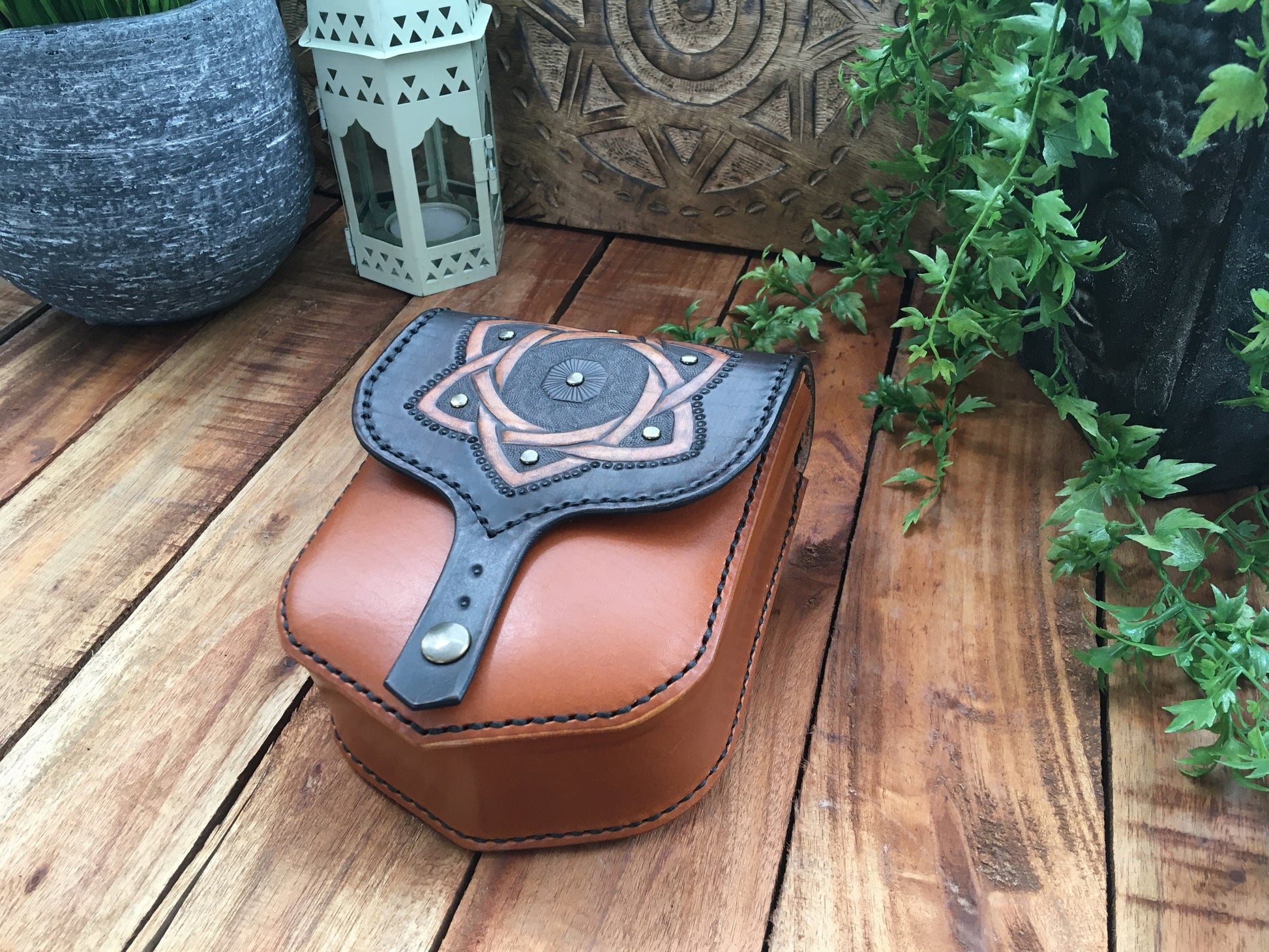 Handmade 2-tone Leather Belt Pouch Celtic Knotwork Carving and Studs  shown from above