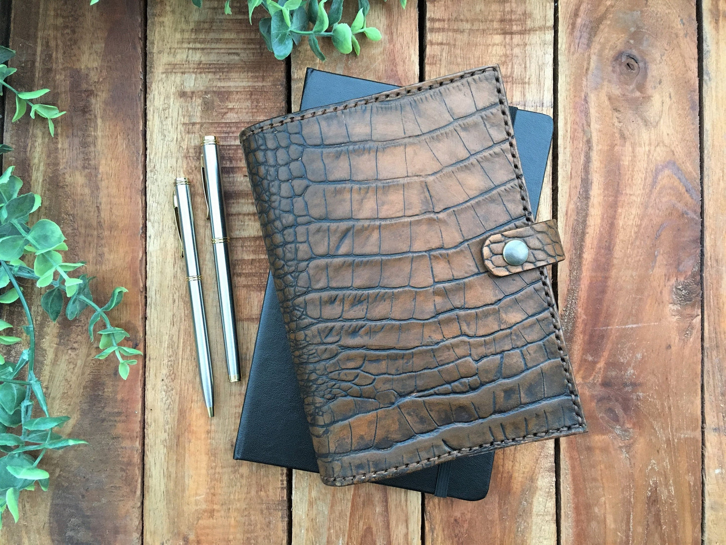 Handmade Brown Leather Alligator Embossed Book Cover  Front View