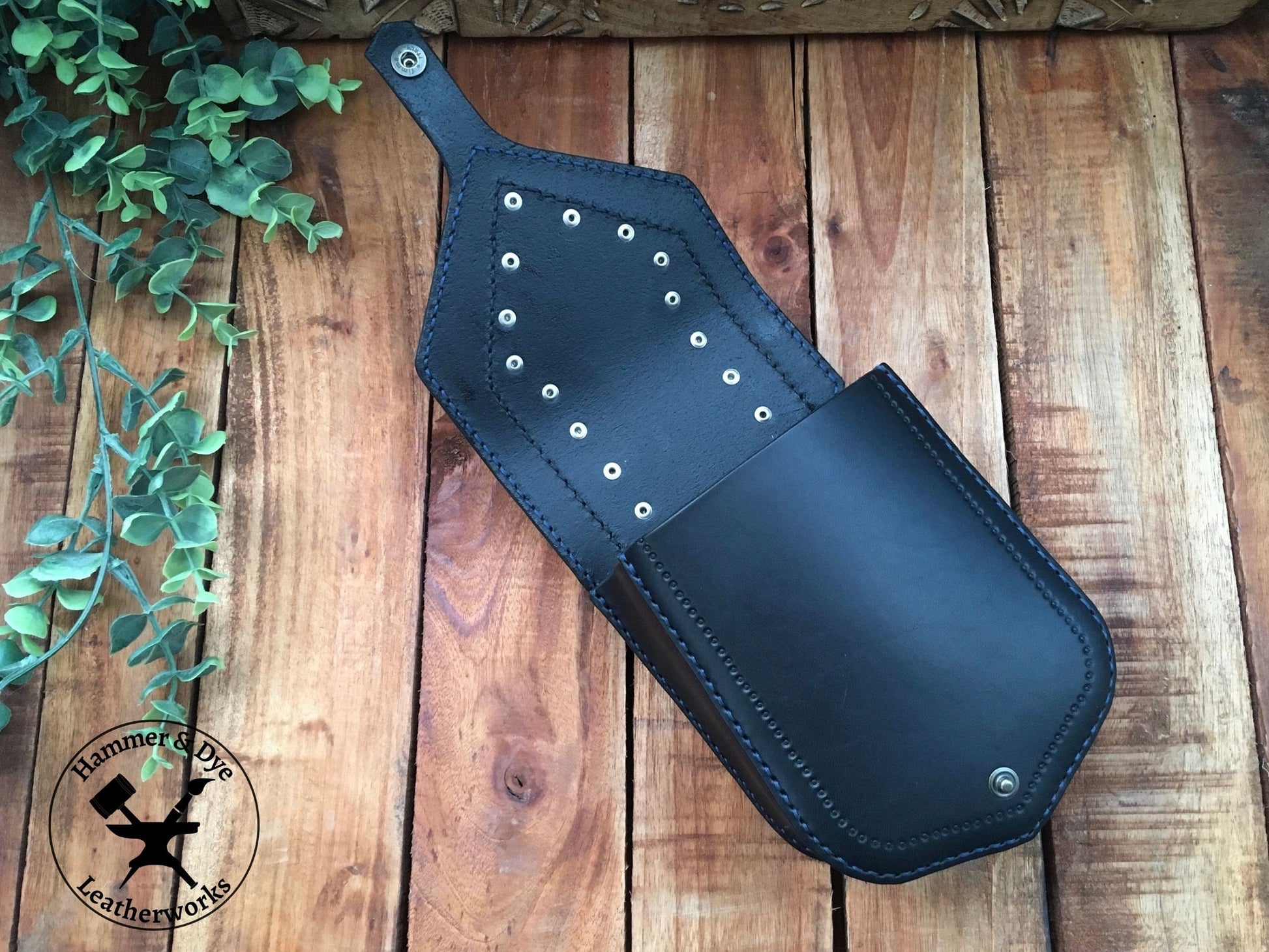 Handmade Two-tone Studded Leather Belt Bag in Black and Blue Open